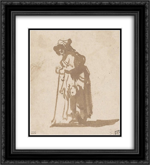 Beggar Woman Leaning on a Stick 20x22 Black Ornate Wood Framed Art Print Poster with Double Matting by Rembrandt