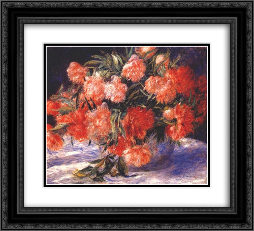 Peonies 22x20 Black Ornate Wood Framed Art Print Poster with Double Matting by Renoir, Pierre Auguste