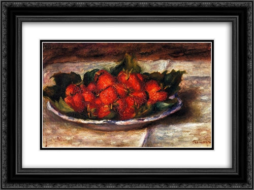 Still Life with Strawberries 24x18 Black Ornate Wood Framed Art Print Poster with Double Matting by Renoir, Pierre Auguste