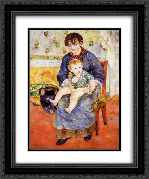 Mother and Child 20x24 Black Ornate Wood Framed Art Print Poster with Double Matting by Renoir, Pierre Auguste