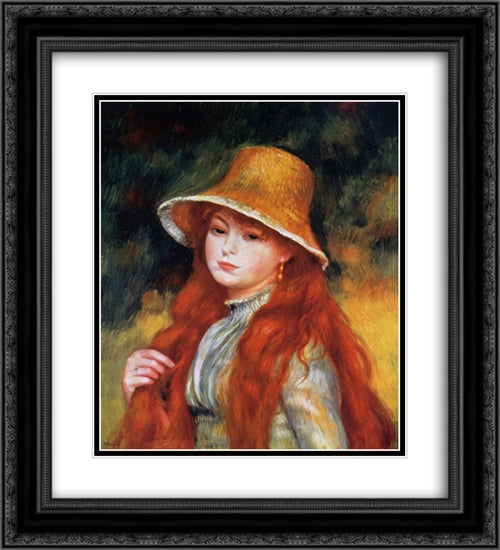 Young Girl in a Straw Hat 20x22 Black Ornate Wood Framed Art Print Poster with Double Matting by Renoir, Pierre Auguste