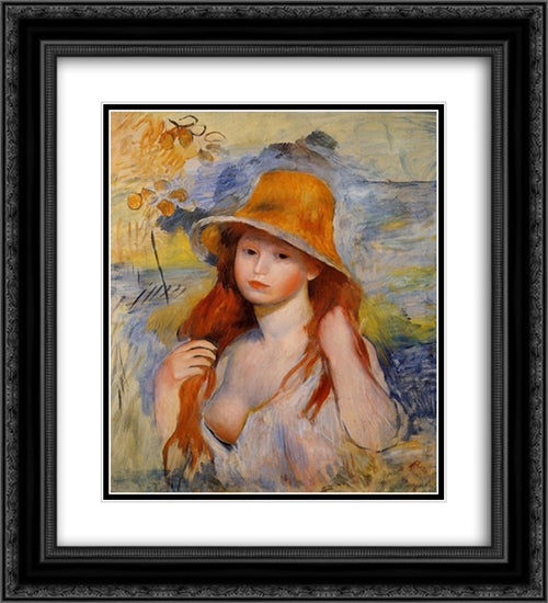 Young Woman in a Straw Hat 20x22 Black Ornate Wood Framed Art Print Poster with Double Matting by Renoir, Pierre Auguste