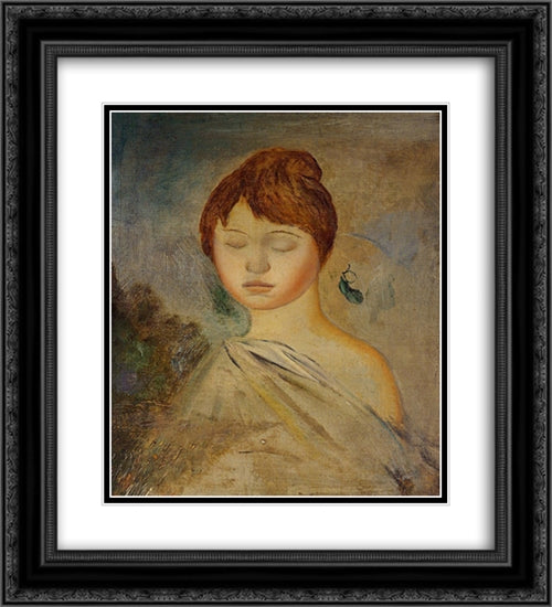 Head of a Young Woman 20x22 Black Ornate Wood Framed Art Print Poster with Double Matting by Renoir, Pierre Auguste