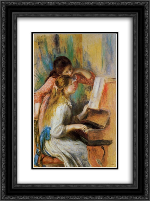 Girls at the Piano 18x24 Black Ornate Wood Framed Art Print Poster with Double Matting by Renoir, Pierre Auguste