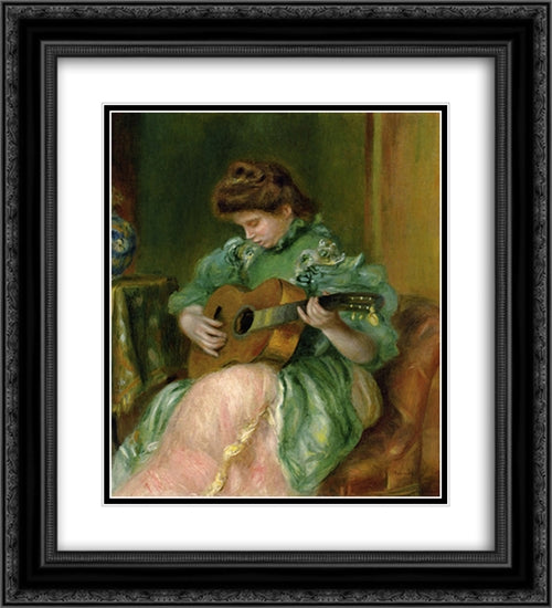 Woman with a Guitar 20x22 Black Ornate Wood Framed Art Print Poster with Double Matting by Renoir, Pierre Auguste