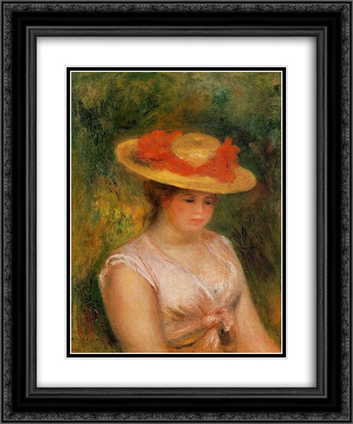 Young Woman in a Straw Hat 20x24 Black Ornate Wood Framed Art Print Poster with Double Matting by Renoir, Pierre Auguste