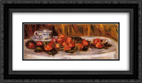 Still Life with Strawberries 24x14 Black Ornate Wood Framed Art Print Poster with Double Matting by Renoir, Pierre Auguste