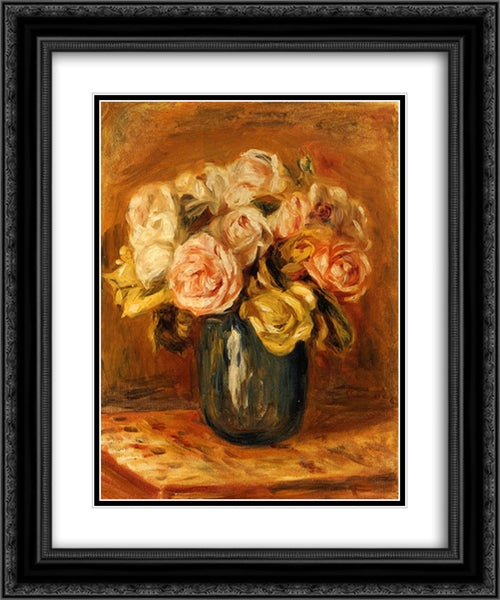 Roses in a Blue Vase 20x24 Black Ornate Wood Framed Art Print Poster with Double Matting by Renoir, Pierre Auguste