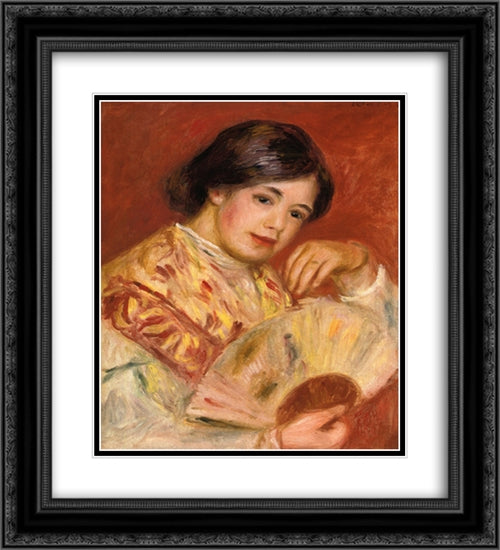 Woman with a Fan 20x22 Black Ornate Wood Framed Art Print Poster with Double Matting by Renoir, Pierre Auguste