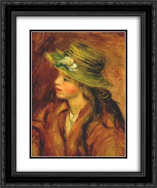 Girl with a straw hat 20x24 Black Ornate Wood Framed Art Print Poster with Double Matting by Renoir, Pierre Auguste