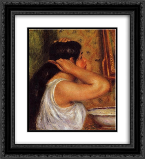 Woman Combing Her Hair 20x22 Black Ornate Wood Framed Art Print Poster with Double Matting by Renoir, Pierre Auguste