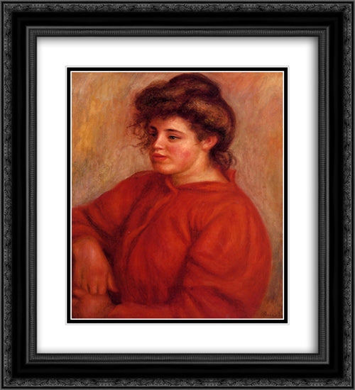 Woman in a Red Blouse 20x22 Black Ornate Wood Framed Art Print Poster with Double Matting by Renoir, Pierre Auguste