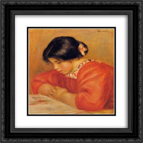 Leontine Reading 20x20 Black Ornate Wood Framed Art Print Poster with Double Matting by Renoir, Pierre Auguste