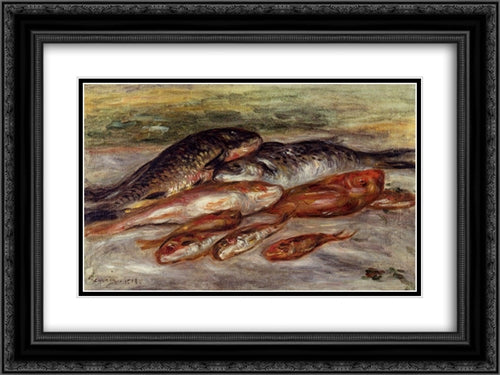 Still Life with Fish 24x18 Black Ornate Wood Framed Art Print Poster with Double Matting by Renoir, Pierre Auguste