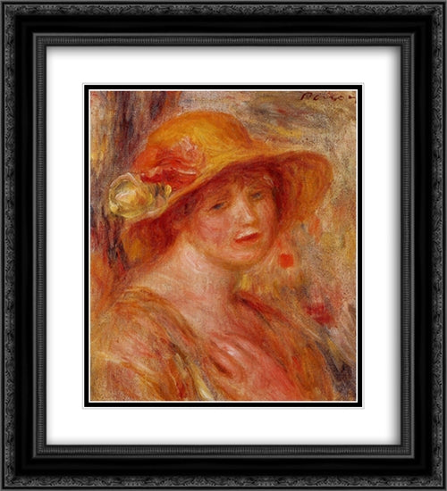 Woman in a Straw Hat 20x22 Black Ornate Wood Framed Art Print Poster with Double Matting by Renoir, Pierre Auguste