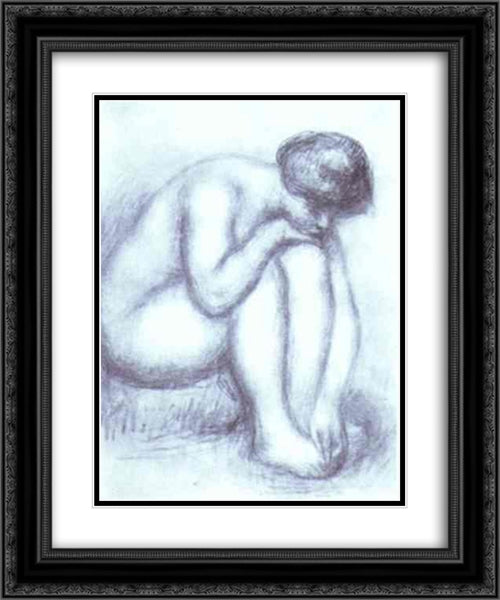 Bather Drying Herself 20x24 Black Ornate Wood Framed Art Print Poster with Double Matting by Renoir, Pierre Auguste