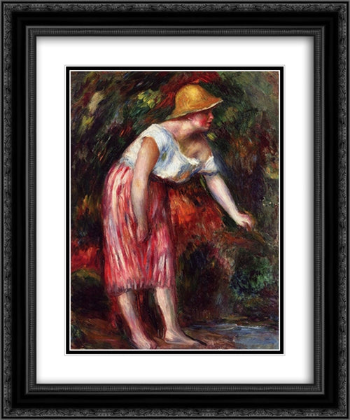 Woman in a Straw Hat 20x24 Black Ornate Wood Framed Art Print Poster with Double Matting by Renoir, Pierre Auguste