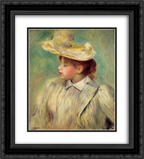 Young Woman in a Straw Hat 20x22 Black Ornate Wood Framed Art Print Poster with Double Matting by Renoir, Pierre Auguste