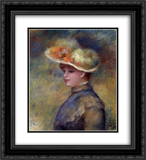 Young Woman Wearing a Hat 20x22 Black Ornate Wood Framed Art Print Poster with Double Matting by Renoir, Pierre Auguste