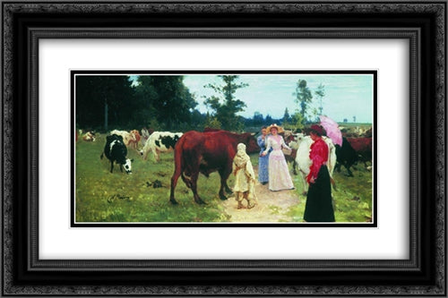 Young ladys walk among herd of cow 24x16 Black Ornate Wood Framed Art Print Poster with Double Matting by Repin, Ilya