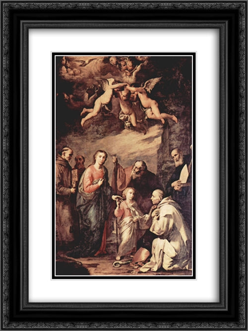 Holy Family with St. Bruno, the Carthusian monks, saints who left St. Bernard of Siena, St. Bonaventure and St. Elias 18x24 Black Ornate Wood Framed Art Print Poster with Double Matting by Ribera, Jusepe de