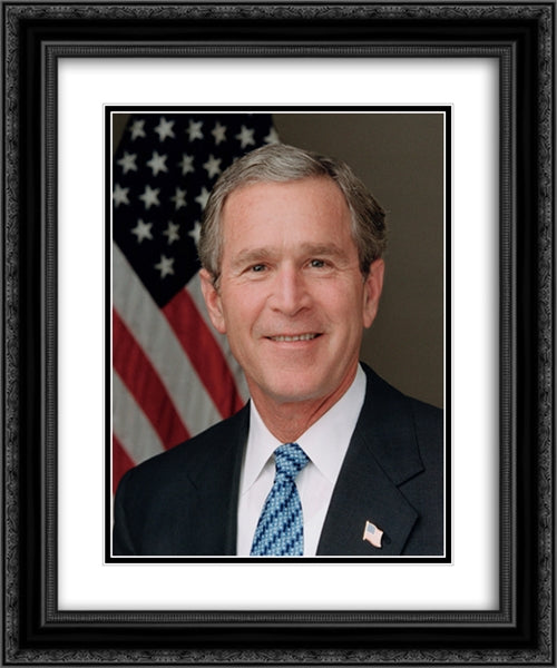 President Bush poses for his official portrait in the Roosevelt Room (blue tie) 20x24 Black Ornate Wood Framed Art Print Poster with Double Matting by Library of Congress