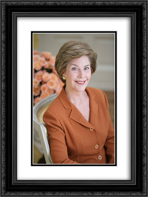 LB [i.e. Laura Bush] official portrait The yellow oval, residence. 18x24 Black Ornate Wood Framed Art Print Poster with Double Matting by Library of Congress