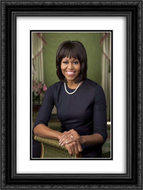 Official portrait of First Lady Michelle Obama in the Green Room of the White House 18x24 Black Ornate Wood Framed Art Print Poster with Double Matting by Library of Congress