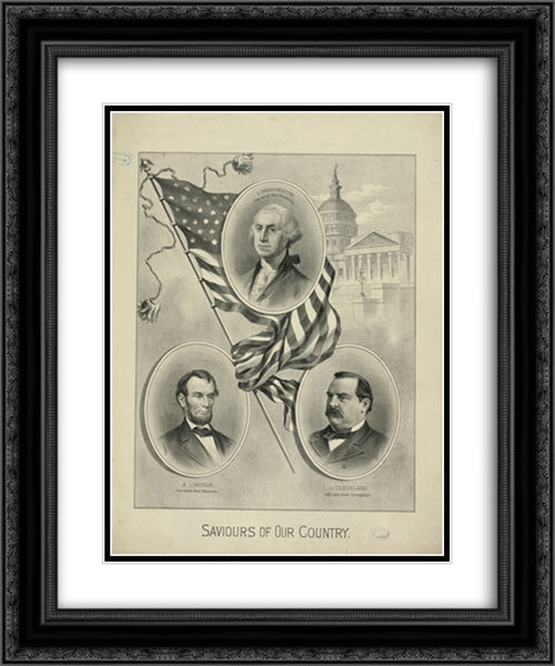 George Washington, Abraham Lincoln, and Grover Cleveland, with the U.S. Capitol in background. 20x24 Black Ornate Wood Framed Art Print Poster with Double Matting by Library of Congress