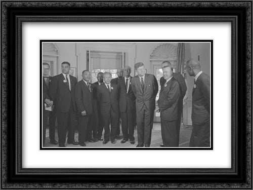 Civil rights leaders meet with President John F. Kennedy in the oval office of the White House after the March on Washington, D.C. 20x24 Black Ornate Wood Framed Art Print Poster with Double Matting by Library of Congress