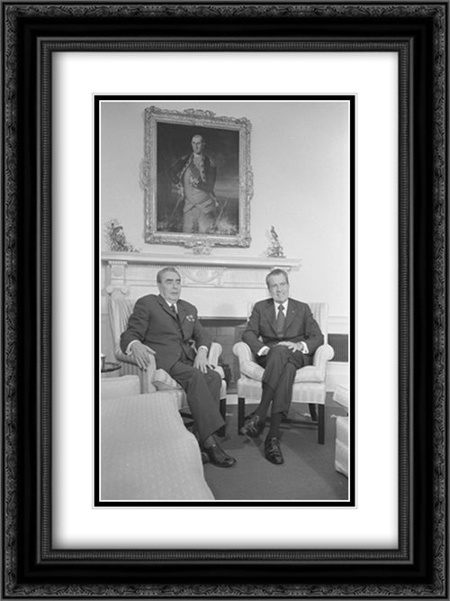 President Richard Nixon and Soviet leader Leonid Brezhnev seated in the White House, portrait of George Washington in the background 18x24 Black Ornate Wood Framed Art Print Poster with Double Matting by Library of Congress