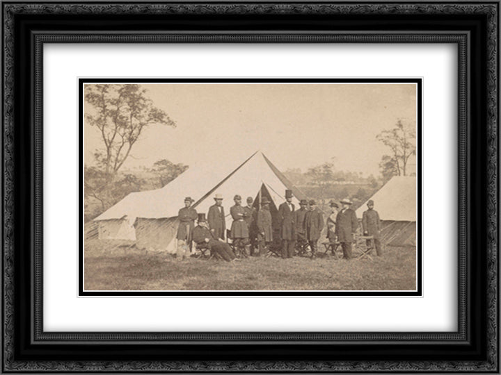 Group of President Lincoln, Gen. McClellan, and suite, at headquarters Army of Potomac, previous to reviewing the troops and the battle-field of Antietam 24x18 Black Ornate Wood Framed Art Print Poster with Double Matting by Library of Congress