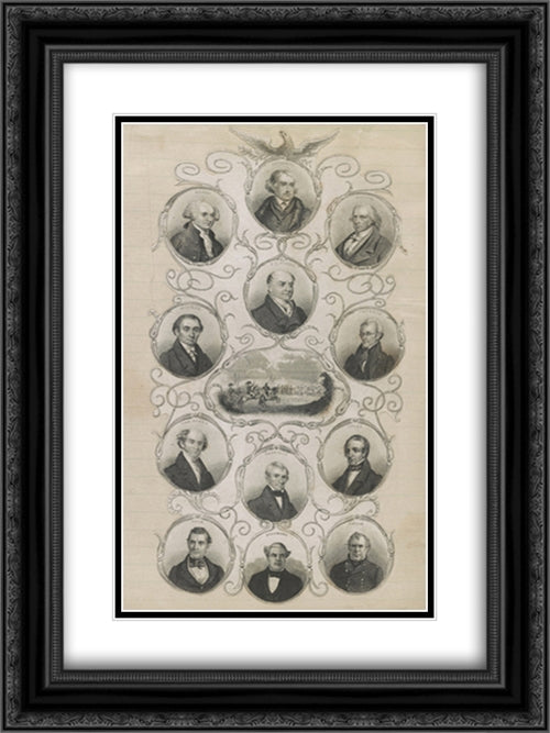 Battle scene surrounded by portraits of American presidents 18x24 Black Ornate Wood Framed Art Print Poster with Double Matting by Library of Congress