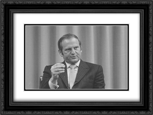 Lee A. Iacocca, President of Ford Motor Company, head-and-shoulders portrait, facing front, gesturing with one hand, during an interview 24x18 Black Ornate Wood Framed Art Print Poster with Double Matting by Library of Congress