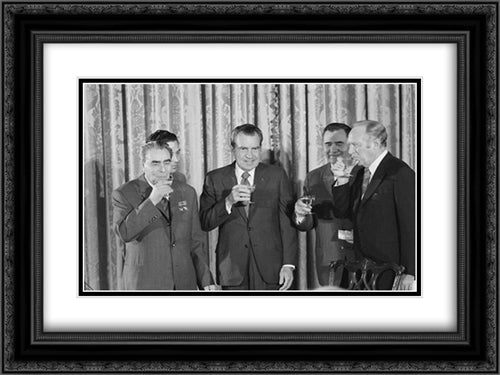 President Richard Nixon with Soviet Leader Leonid Brezhnev 20x24 Black Ornate Wood Framed Art Print Poster with Double Matting by Library of Congress
