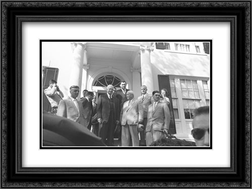 President Dwight D. Eisenhower (center left) with Soviet leader Nikita Khrushchev (center right) and others, standing on the steps of Blair House, Washington, D.C. 24x18 Black Ornate Wood Framed Art Print Poster with Double Matting by Library of Congress
