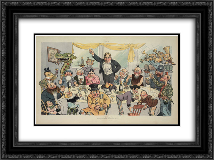 William Randolph Hearst hosting a dinner for a gathering of cartoon characters at the White House, a dinosaur is eating a portrait of Theodore Roosevelt. 24x18 Black Ornate Wood Framed Art Print Poster with Double Matting by Library of Congress