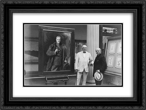 President Harding and unidentified with portrait of John J. Pershing 24x18 Black Ornate Wood Framed Art Print Poster with Double Matting by Library of Congress