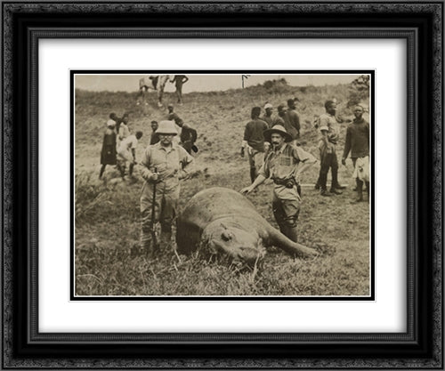 Theodore Roosevelt standing with a rifle next to a dead hippopotomus 24x20 Black Ornate Wood Framed Art Print Poster with Double Matting by Library of Congress