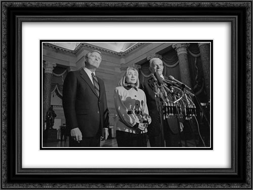 First Lady Hillary Clinton, Speaker of the House Tom Foley, and House Majority Leader Richard Gephardt speak at a press conference at the U.S. Capitol 24x18 Black Ornate Wood Framed Art Print Poster with Double Matting by Library of Congress
