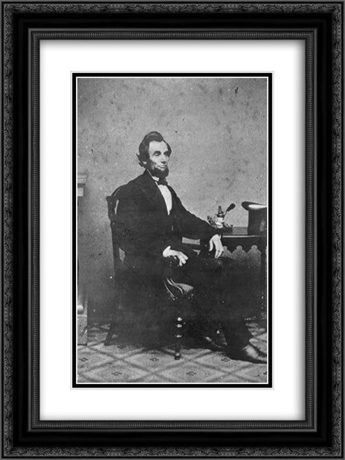 Full-length portrait of President Abraham Lincoln seated next to small table, February 24, 1861 18x24 Black Ornate Wood Framed Art Print Poster with Double Matting by Library of Congress