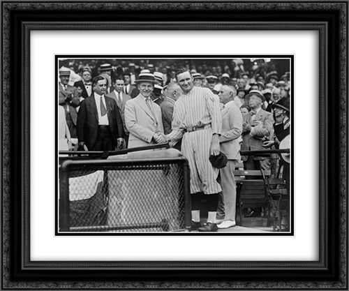 President Coolidge shaking hands with Walter Johnson at Griffith Stadium 24x20 Black Ornate Wood Framed Art Print Poster with Double Matting by Library of Congress