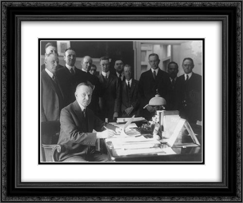 President Coolidge signing the Cameron Bill, which authorizes the construction of the Coolidge Dam in Arizona 24x20 Black Ornate Wood Framed Art Print Poster with Double Matting by Library of Congress