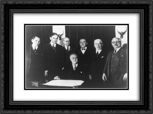 President Franklin Roosevelt and six other men in cabinet room 24x18 Black Ornate Wood Framed Art Print Poster with Double Matting by Library of Congress