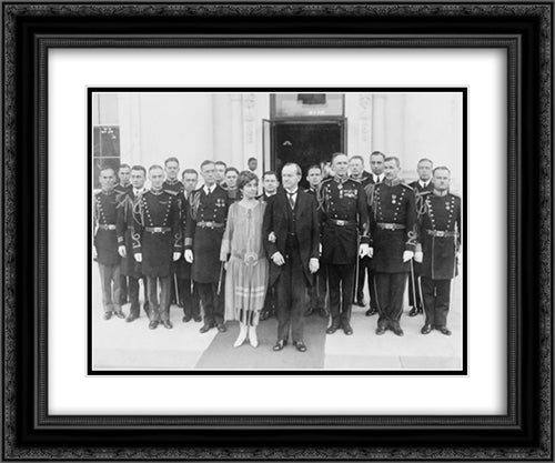 President and Mrs. Coolidge with military aides, just after they assisted in a New Year reception, posed outside the White House 24x20 Black Ornate Wood Framed Art Print Poster with Double Matting by Library of Congress
