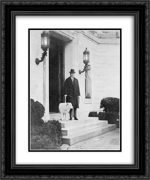 President Coolidge, full-length portrait, facing slightly right, standing on steps of the Patterson home, with one of the family's dogs 20x24 Black Ornate Wood Framed Art Print Poster with Double Matting by Library of Congress
