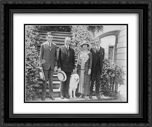 President and Mrs. Coolidge, full-length portraits, standing on steps, with their two sons and their pet dog 24x20 Black Ornate Wood Framed Art Print Poster with Double Matting by Library of Congress