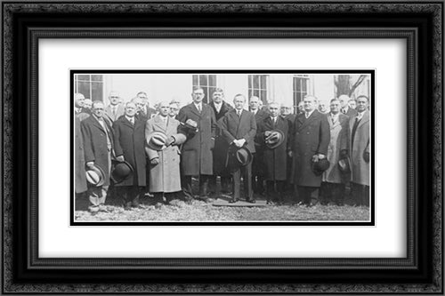 Grand Masters of Masons in Washington for a conference posed standing with President Coolidge, outside the White House 24x16 Black Ornate Wood Framed Art Print Poster with Double Matting by Library of Congress