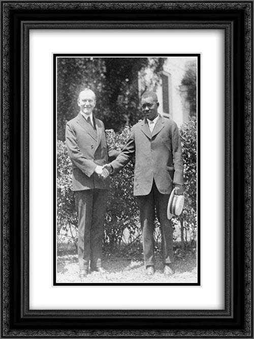 President Coolidge and Thomas Lee, Mississippi River hero, full-length portrait, standing, shaking hands 18x24 Black Ornate Wood Framed Art Print Poster with Double Matting by Library of Congress