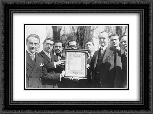 The Italian Republican League of N.Y. presents President Coolidge with an original parchment of Lincoln's Gettysburg address 24x18 Black Ornate Wood Framed Art Print Poster with Double Matting by Library of Congress